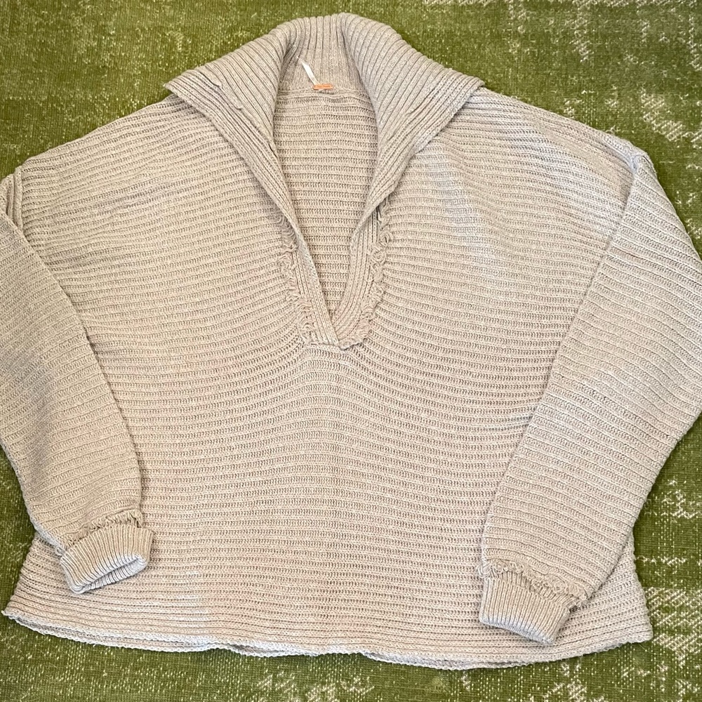 Free People Tan V Neck Collared Sweater XL/1X/2X